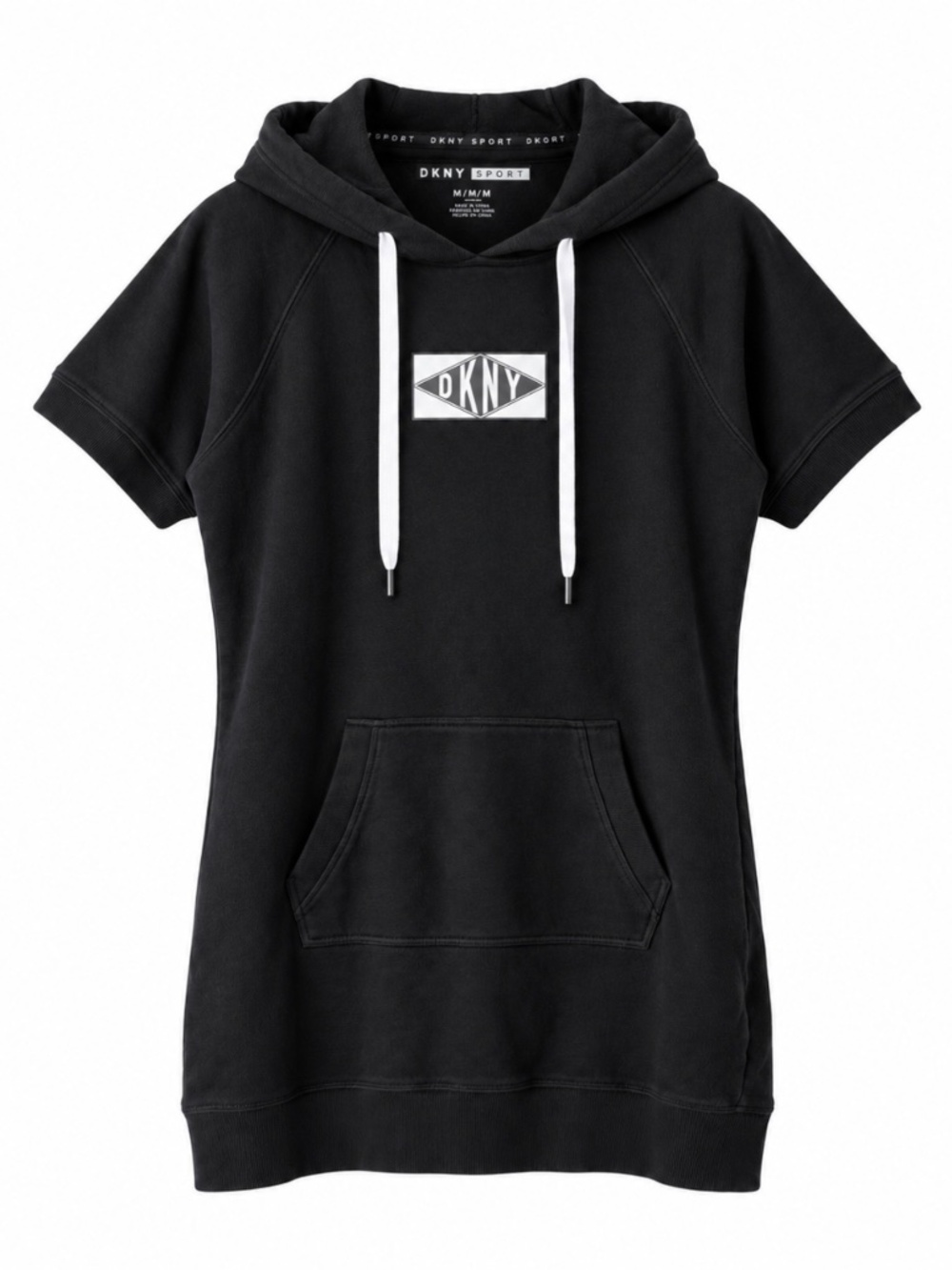 DKNY Sport Black Short Sleeve Hoodie Tunic Logo Cotton Blend Size M